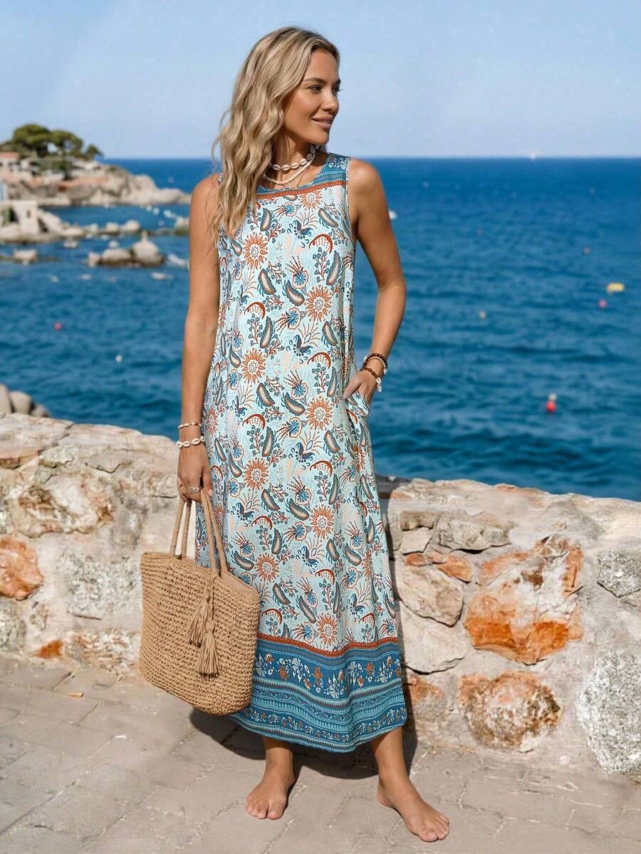 Vestido largo casual de mujer con estampado de flores y paisley con bolsillos, sin mangas, básico para uso diario, vacaciones, primavera/verano - Turquesa - Ver 1