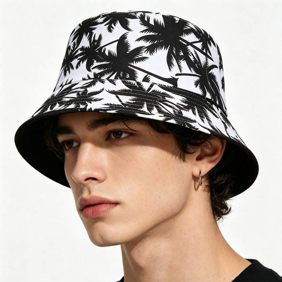 1pc New Brown Palm Tree Pattern Printed Reversible Bucket Hat, Suitable For Daily Casual, Beach Party And Outdoor Activities - A - View 1