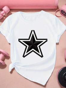1 pieza de camiseta deportiva de manga corta para mujer, talla grande, con ilustración de estrella de cinco puntas. - Blanco - Ver 1