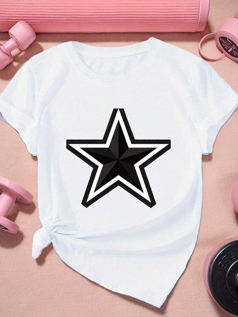 1 pieza de camiseta deportiva de manga corta para mujer, talla grande, con ilustración de estrella de cinco puntas. - Blanco - Ver 1