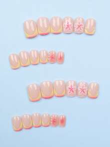24片短方型夏季漸層法式3D花卉水滴圖案穿戴式甲片，壓克力可穿戴凝膠美甲組（含1片果凍膠貼片及1個指甲銼條），適合女性日常與約會佩戴 - 彩色 - 查看 2
