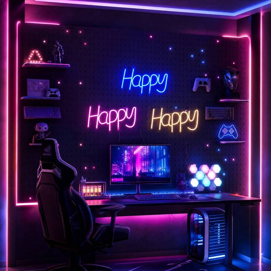 1個 LED 發光字母 Happy 霓虹燈牆面裝飾夜燈 電池/USB供電 遊戲室場景氛圍燈 居家節日派對 仙女燈 臥室裝飾