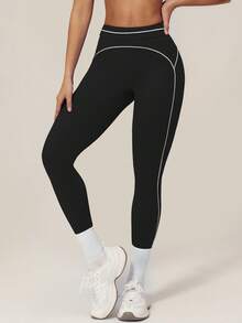 TimeOff Women's 1pc Colorblock White Line Decor High Waist Tummy Control Cropped Sports Long Pants - Black - View 7