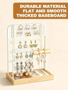 Jewelry Stand Holder Organizer, Jewelry Display Storage With Ring Tray, , Jewelry Display Stand With Metal Frame And Wood Velvet Tray, Necklace Earring Bracelet Holder, For Studs, Rings, Gift Idea, Home Room Dorm Decor For Teen Girls, Black / White - White - View 6