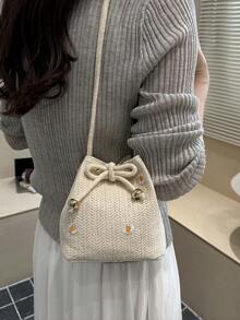 Solid Color Mini Straw Woven Foldable Drawstring Shoulder Bag (Flower Position And Color Randomly Vary) - Beige - View 8