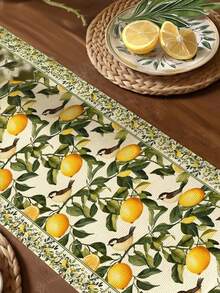 1pc Lemon Table Runner, Lemon Bird Leaf Floral Print, Lemon Yellow And Green Farmhouse Style Decor, Suitable For Kitchen Table, Party Holiday Centerpiece, Outdoor Activities, Rectangular Table Runner - Dark Green - View 5