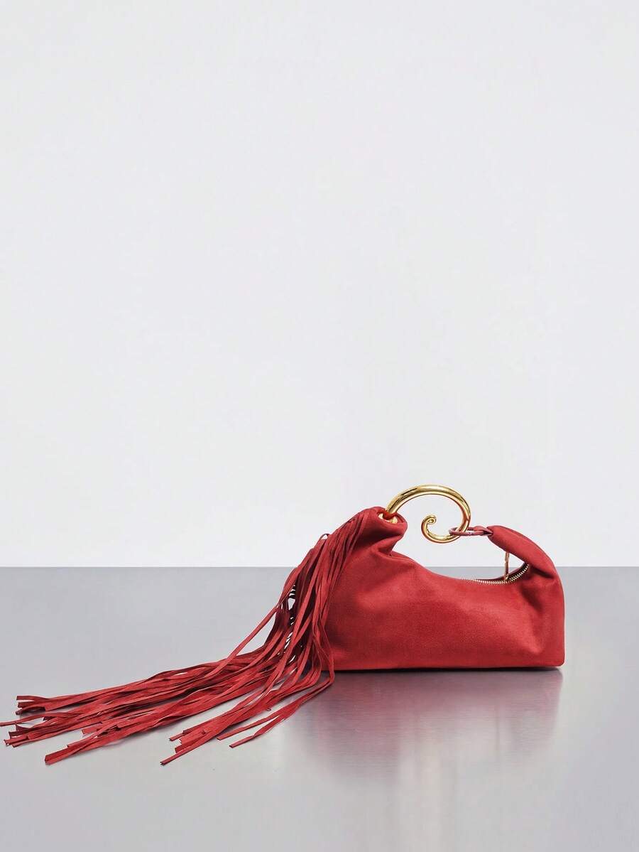 Rollcall A Fashionable Burgundy Velvet Tassel Handbag For Women, With A Golden Spiral Hook, Very Suitable For Attending Evening Parties And Social Occasions. - Red - View 1