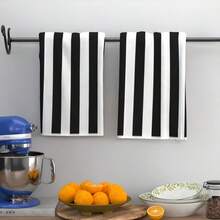 2pcs Minimalist Black & White Striped Kitchen Dish Cloths, Rectangular Dish Towels, Kitchen Decor, Housewarming Gift - Multicolor - View 2
