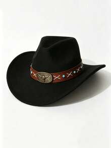 1pc Unisex Western Cowboy Hat, Felt Hat, Riding Hat, Summer Sun Protection Hat, Simple And Stylish. Suitable For Daily Wear, Parties, Outdoor Riding, Western Theme Events, Cosplay, Music Festivals And More. - Blue Pearl Brown Leather Top Hat - View 12