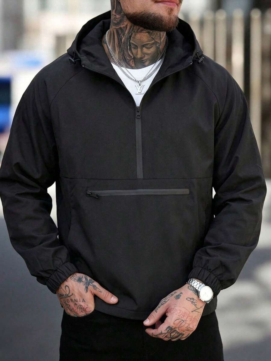 Giacca a maniche lunghe con cappuccio, collo alto, multi-tasche, impermeabile, adatta per running e trekking, per uomo, autunno/inverno - nero - Visualizzare 1