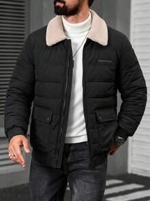男士时尚宽松翻领羊毛纽扣口袋保暖加厚外套，秋冬季 - 黑色 - 查看 1