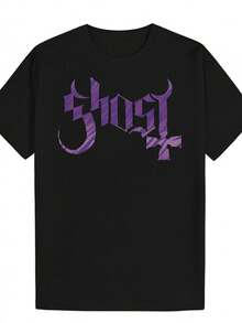 Men's Short Sleeve T-Shirts 2026 Plus Size Ghost Graphic Tee Black, Plus Size Short Sleeve T-Shirt With 'Ghost' Text In Deep Purple, Gothic Design And Cross Elements, Perfect - Black - View 1