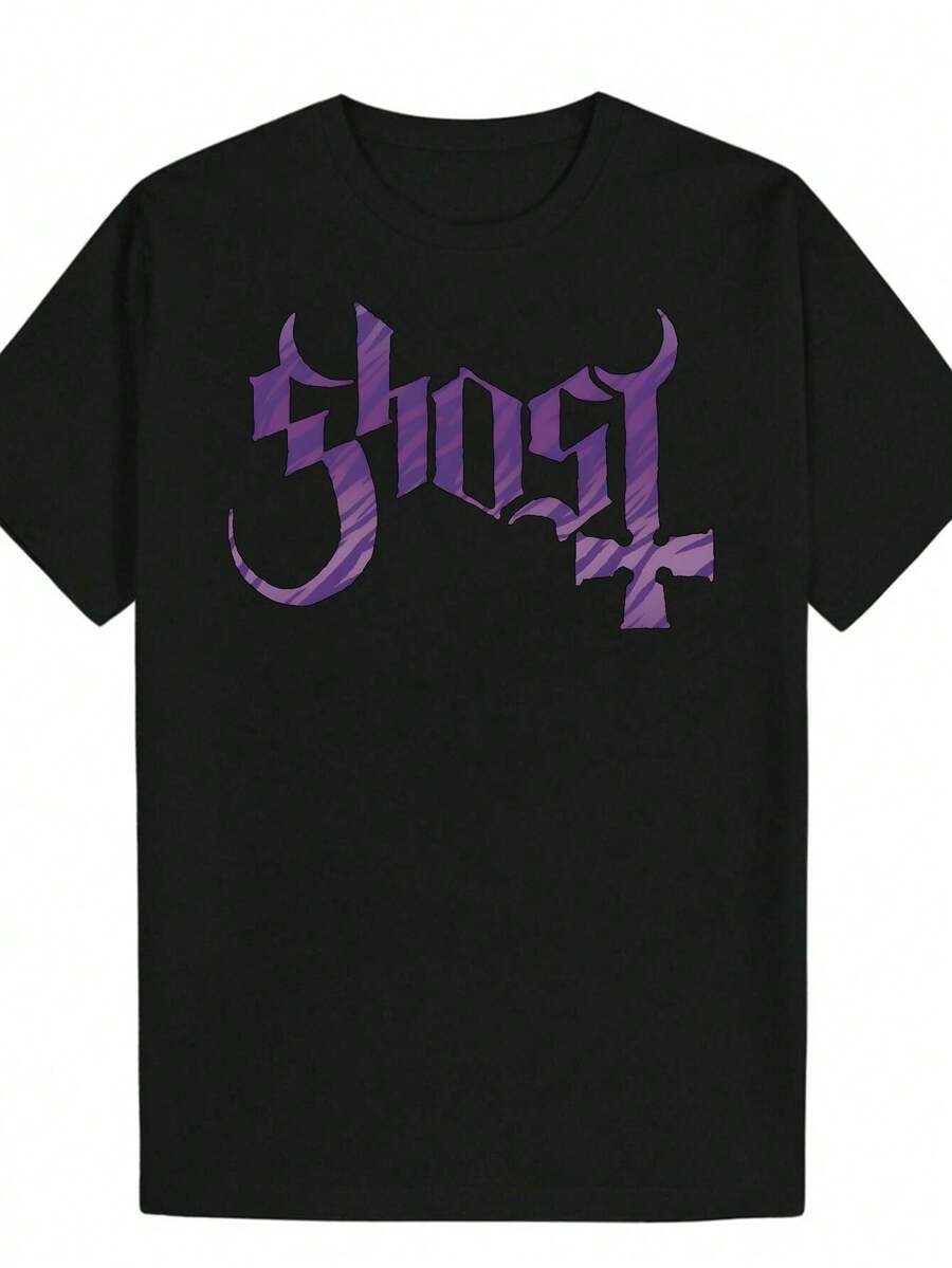 Men's Short Sleeve T-Shirts 2026 Plus Size Ghost Graphic Tee Black, Plus Size Short Sleeve T-Shirt With 'Ghost' Text In Deep Purple, Gothic Design And Cross Elements, Perfect - Black - View 1
