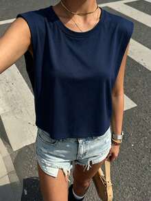 Women's Casual Sleeveless Round Neck T-Shirt, Soft Knit Fabric, Regular Length High Elasticity, Comfortable For Daily Wear Summer - Navy Blue - View 4