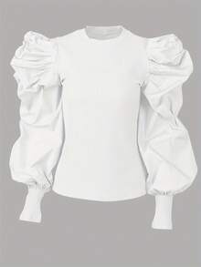 Nuevo modelo 2026:Camisas y suéteres con mangas abullonadas, cuello redondo acanalado y volantes. - Blanco - Ver 3