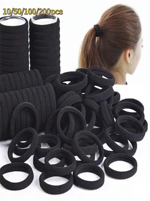 200/100/50/10 piezas Bandas elásticas para el cabello de alta elasticidad en color negro, bandas de goma esenciales sin daños para mujeres. Tienen un estilo casual de calle minimalista, diseño sin costuras y no dañarán la calidad del cabello.