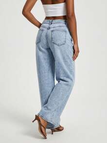 Soulscape Celana Jeans Wanita Pinggang Tinggi Potongan Lurus Warna Terang Kasual Denim Musim Gugur - Biru - View 5