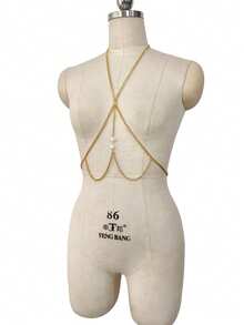 1pc INS Style Pearl Pendant Y-Shaped Halter Neck Chest Chain, Beach Vacation Hot Girl Daily Accessory - Gold - View 4