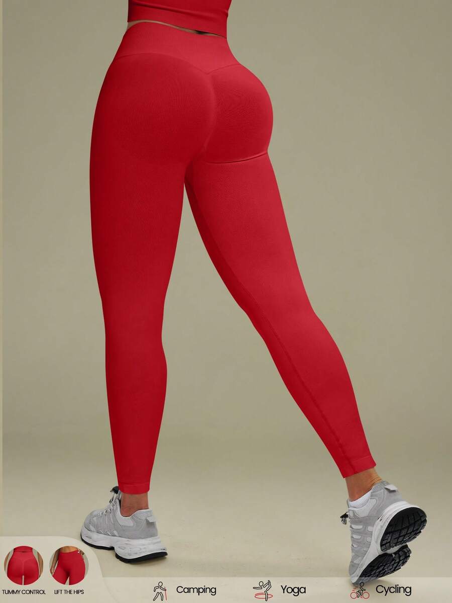 Aaseow 1pc Women's Seamless High Waist Tight Leggings, Tummy Control Butt Lift Elastic Sports Pants, Suitable For Running, Tennis, Gym Workout - Red - View 1
