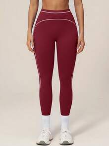 TimeOff Pantalones deportivos de mujer 1 pieza con bloques de color, decoración de línea blanca, cintura alta, control de abdomen, largo hasta el tobillo - Burdeos - Ver 6