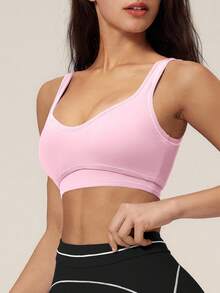 TimeOff Women's One Piece Contrast Color White Trim U-Neck Backless Sports Bra Tank Top With Removable Built-In Pads - Pink - View 5