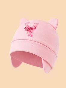 1PC Newborn Pink Cat Ear Beanie, Bowknot A-Z Letter Print Ear Protector Baby Hat, Soft Breathable Hospital Cap, Suitable For Baby Daily Rest And Sleep - Pink - View 16