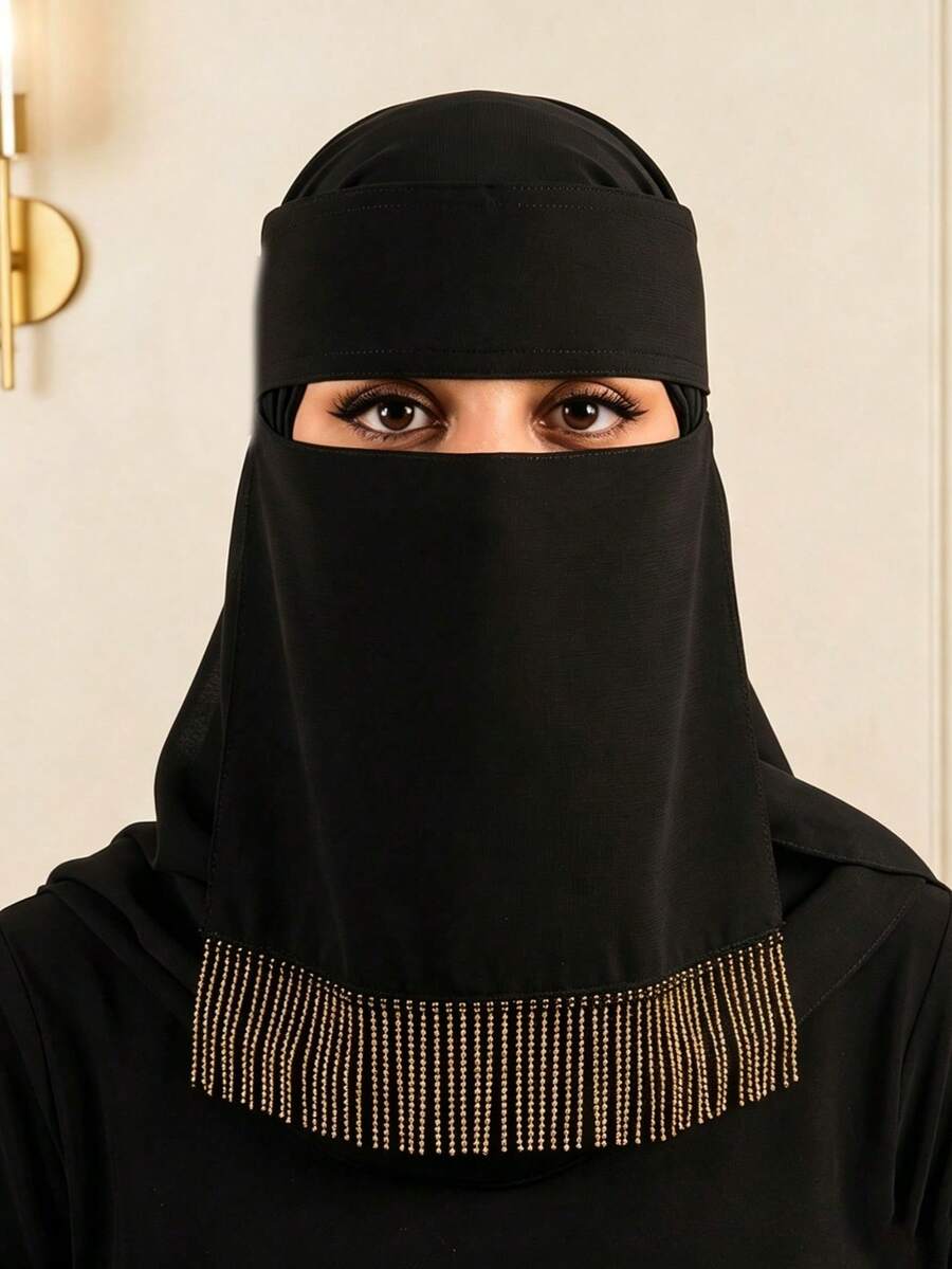 1PC Women's Solid Color Gold Tassel Niqab, Lightweight Breathable Tie-Up Black Fashion Versatile Face Mask