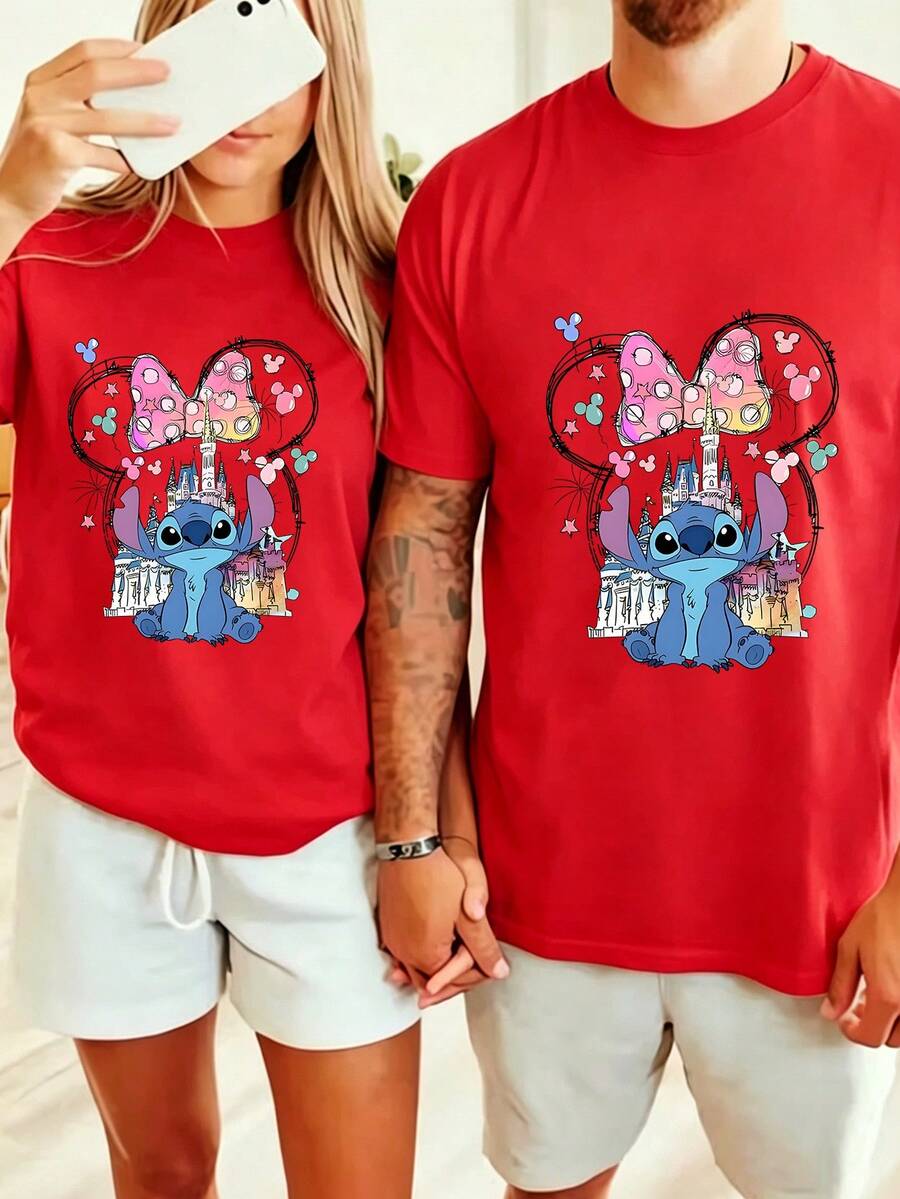 Disney Lilo & Stitch Castle Minnie Bow Matching Couple T-Shirt, Casual Crew Neck Tee, Breathable Cotton For Disney Vacation - 女生紅色 - 查看 1