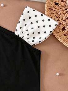 Young Girl' Bowknot Splice Fashionable Top And Black Polka Dot Shorts - Black - View 6