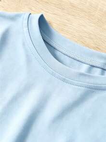 Women's Comfortable T-Shirt With Round Neck, Short Sleeve, Cotton Blend, Soft And Breathable, Casual Clothing For Spring And Summer, Urban Style - Baby Blue - View 3