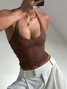 Camisola de Verano con Cuello Halter para Mujer, Sin Mangas, Espalda Descubierta, Corte Ajustado, Favorecedora, Ideal para Usar como Prenda Exterior o en Capas - Marrón - Ver 11