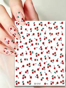 1 Sheet 5d Nail Art Sticker Cherry Pattern With Red Fruits And Green Leaves On White Background Beautiful & Fresh Design Suitable For Nail Stickers DIY - Multicolor - View 2