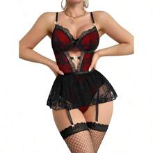 Lilosy Sexy Stocking Rhinestones Heart Garter Underwire Floral Mesh Lace Sheer Babydoll Lingerie Teddy Bodysuit Skirt Set - 尖頂黑紅 - 查看 3