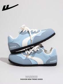 WARRIOR Damen Freizeitsneaker mit dicker Sohle, Schnürung und weichem Fußbett, Low-Top flache Outdoor-Schuhe, Sommer-Pendler-Schuhe, runde Zehenpartie, niedriger Absatz, rutschfest, einfarbig, elegant, weiche Sohle, für Ausflüge und Wandern, geeignet für Studentinnen und Abschlussfotos, Damen Low-Top Mikrofaser Sport-Skateboard-Schuhe - hellblau/blau - Übersicht 2