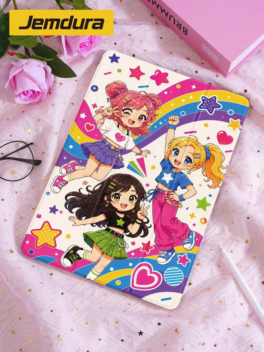 Y2K 卡通彩虹女孩星星圖案平板保護殼/Y型摺疊支架保護殼,雙面印刷圖案,相容於 IPad 10.2 吋 Pro 2021/2020 / (A16) 11 吋第 11 代 2025/第 10 代,Galaxy Tab A8 10.5 吋 2022,Matepad 10.4/ Tab/,防摔,附筆槽,支援睡眠/喚醒,平板使用者的最佳禮物 - 多色 - 查看 1