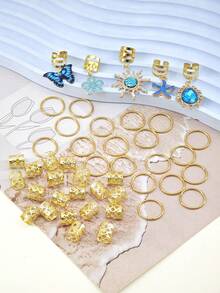 45pcs Ocean Style Hair Rings With Golden Starfish, Conch, Shells & White Pearls - Assorted Shape Summer Adjustable Coastal Boho Jewelry For Braids,Clips For Hair - Gold - View 3
