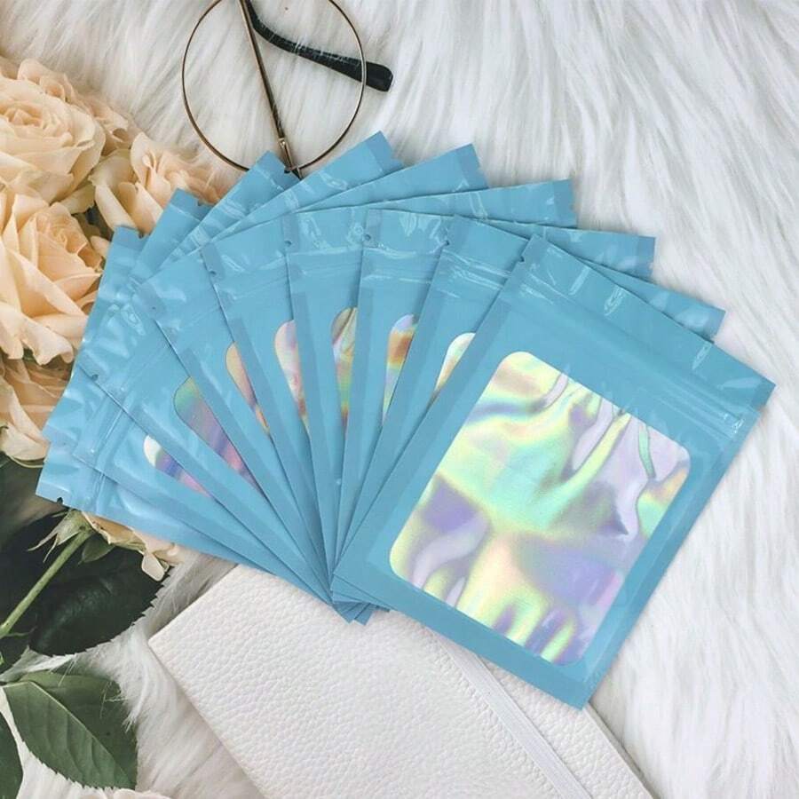 50 piezas Bolsas transparentes con cierre automático de color azul, bolsas resellables para almacenamiento de alimentos para caramelos, gomitas, bolsas de papel de aluminio, regalos de fiesta, suministros para bodas y cumpleaños, decoraciones para el hogar y fiestas