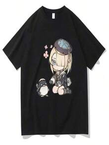 Genshin Impacts Estampado Camiseta Mujer Kawaii Freminet Chibi Estampado Camiseta de Manga Corta Moda Harajuku Street Ropa Unisex - Negro - Ver 1