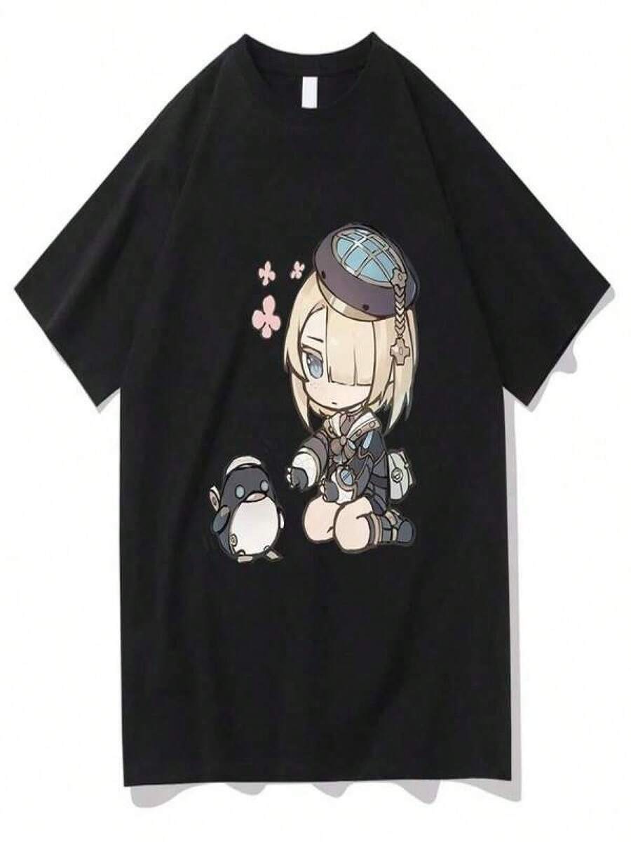Genshin Impacts Estampado Camiseta Mujer Kawaii Freminet Chibi Estampado Camiseta de Manga Corta Moda Harajuku Street Ropa Unisex - Negro - Ver 1