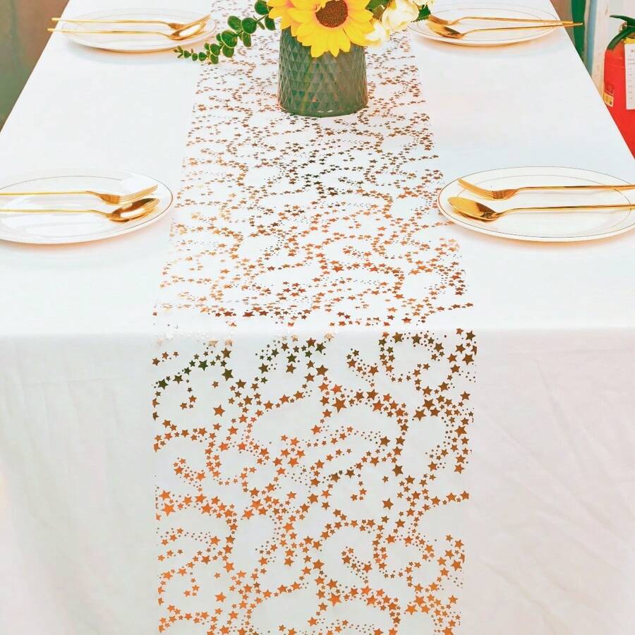 1 Roll Rose Gold Star Pattern Mesh Table Runner, Fashionable And Elegant, Unique Design For Protecting And Decorating Dining Tables, Theme Holiday Atmosphere, Enhancing Dining Environment, Table Setting, Concealing And Embellishing - View 1