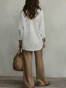 Soft Casual White Lightweight Linen Shirt For Women, Fashionable Spring/Summer Versatile Solid Color Shirt - White - View 4
