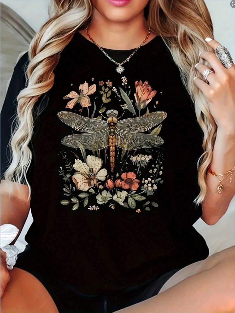 Camiseta Estampada para Mujer - Casual Fitness, Cuello Redondo, Manga Corta - Adecuada para Uso Diario Casual, Actividades al Aire Libre, 100% Algodón - Negro - Ver 1