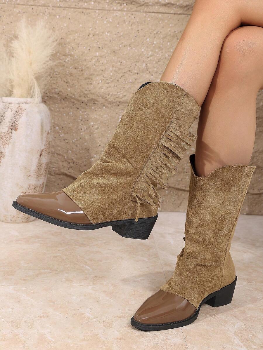 Autumn/Winter New Women's Thick Heel Mid-Calf Boots Tassel Black Vintage British Style Versatile Outdoor Riding Boots - Khaki - View 1