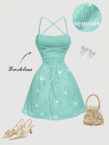 MOD Vestido mini elegante de tirantes finos con cintura ceñida y parches de lentejuelas para mujer - verde menta - Ver 2