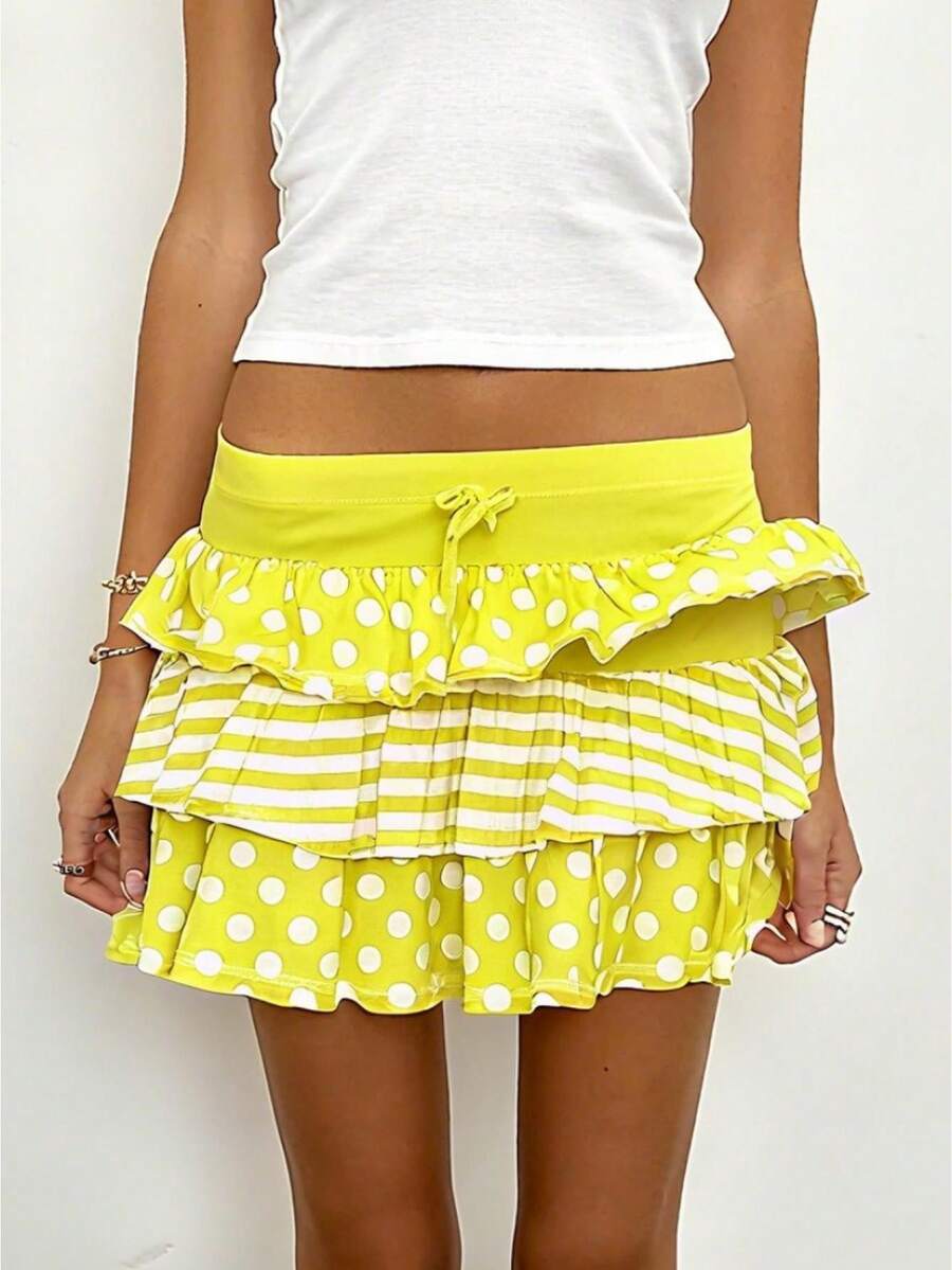 Women's Summer Mini Skirts Pink Dot Print Tiered Skirt For Daily, Travel, Parties - Yellow - View 1