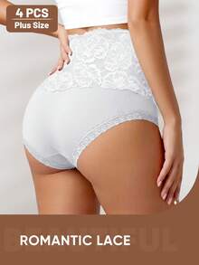 4pcs Women's Plus Size High Waist Tummy Control Panties, Lace Patchwork, Jacquard Pattern, Bodycon - White - View 3