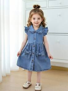 Girls' Denim Collar Ruffle Sleeve Button Down Dress, Baby GirlCute Dual Bow Pocket Decor Denim Skirt - Medium Wash - View 9