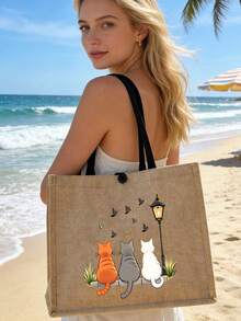 Large Capacity Women's Fashion Handbag, Cat Back Print Tote Bag, Supermarket Shopping Travel Storage Bag, Simple And Fashionable, Linen Handbag, Back To School Storage, Outdoor Travel Storage, Suitable For Girls, College Students, White-Collar Workers, Suitable As Birthday Gift, Teacher's Day Gift, Graduation Gift, Back To School Gift, Holiday Souvenir, Wedding Accessory - Multicolor - View 3