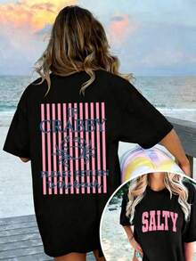 1 Piece Women's Graphic T-Shirt With "If You're In A Bad Mood, Please Go Back To The Beach" Print, 100% Cotton, Double-Sided Print, Casual Summer Style, Plus Size. | Clothing - 黑色 - 查看 1