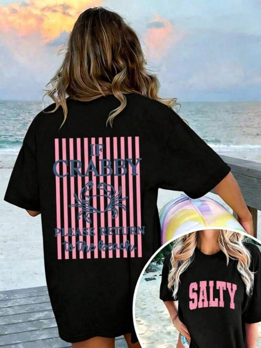 1 Piece Women's Graphic T-Shirt With "If You're In A Bad Mood, Please Go Back To The Beach" Print, 100% Cotton, Double-Sided Print, Casual Summer Style, Plus Size. | Clothing - 黑色 - 查看 1